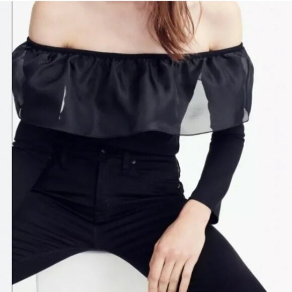 NWOT J CREW BLACK ORGANZA RUFFLE OFF THE SHOULDER LONG TEE TOP - L - Picture 1 of 9